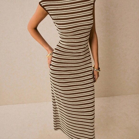 Brown Casual Women's Striped Round Neck Dolman Sleeve Dress - Picture 4 of 8